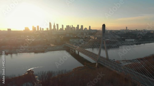 Aerial establishing shot of the city of Warsaw in Poland