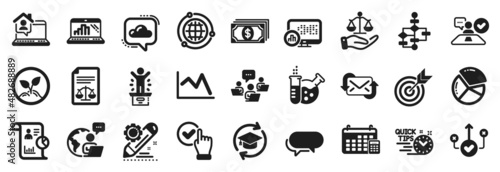 Set of Education icons, such as Block diagram, Cloud communication, Chemistry lab icons. Job interview, Report, Correct way signs. Quick tips, Messenger, Line chart. Graph laptop, Checkbox. Vector