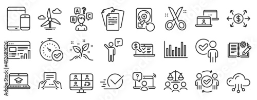 Set of Education icons  such as Windmill turbine  Bar diagram  Checkbox icons. Agent  Mobile devices  Outsource work signs. Documents  Engineering documentation  Receive file. Court jury. Vector