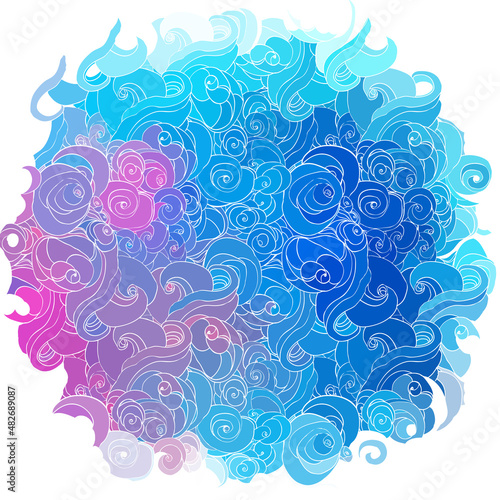 Vector color abstract hand-drawn hair pattern with waves and clouds. Asian st...