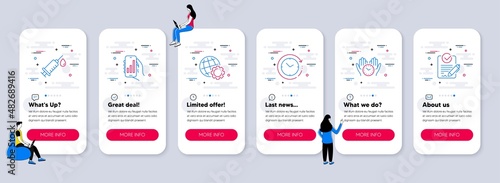 Set of Science icons, such as Globe, Medical syringe, Time change icons. UI phone app screens with teamwork. Safe time, Analysis app, Rfp line symbols. Internet settings, Vaccination, Clock. Vector