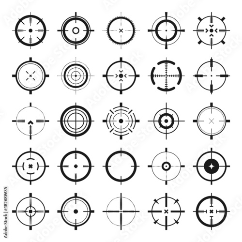 Crosshair, gun sight vector icons. Bullseye, black target or aim symbol. Military rifle scope, shooting mark sign. Targeting, aiming for a shot. Archery, hunting and sports shooting. Game UI element.