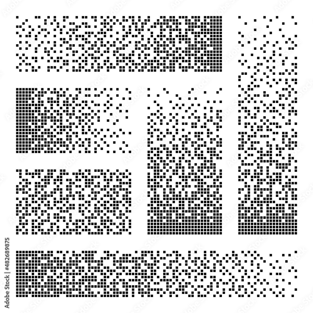 Pixel disintegration, decay effect. Various rectangular elements made of square shapes. Dispersed dotted pattern. Mosaic texture with simple particles. Vector illustration. Pixel disintegration, decay effect. Various rectangular elements made of square shapes. Dispersed dotted pattern. Mosaic texture with simple particles. Vector illustration.