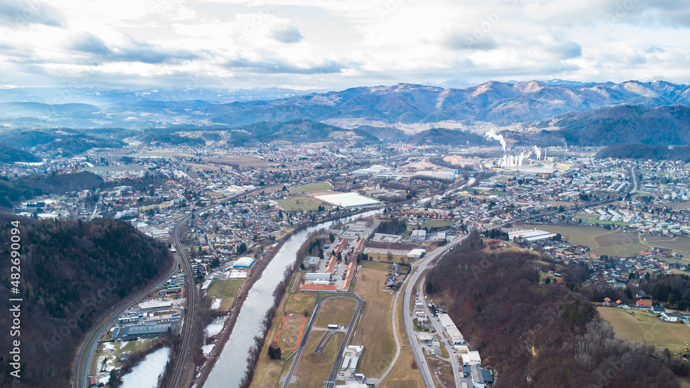 Aerial view of Gratkorn, Gratwein and Judendorf area north of Graz in Austria during winter