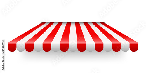 Red shop sunshade isolated on white background. Realistic striped cafe awning. Outdoor market tent. Roof canopy. Summer street store. Vector illustration.