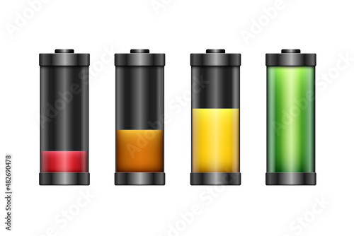 Batteries set. Charged and discharged batteries. Vector 3d clipart isolated on white background.