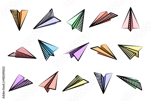 Various hand drawn paper planes. Colorful doodle airplanes. Aircraft icon, simple plane silhouettes. Outline, line art. Vector illustration.