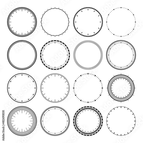 Mechanical clock faces, bezel. Watch dial with minute and hour marks. Timer or stopwatch element. Blank measuring circle scale with divisions. Vector illustration.