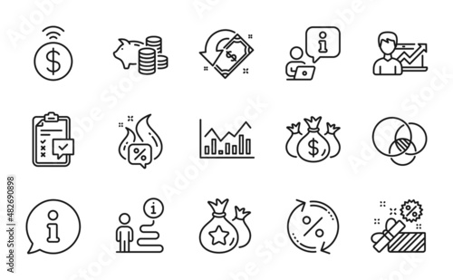 Finance icons set. Included icon as Checklist, Euler diagram, Check investment signs. Loan percent, Sale, Success business symbols. Loyalty points, Hot offer, Infochart. Piggy bank. Vector
