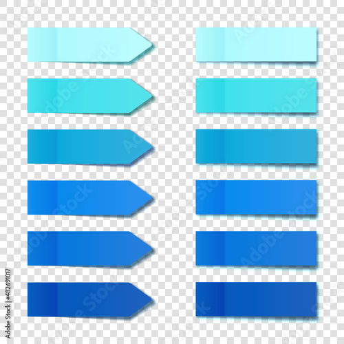 Realistic blue sticky notes collection. Arrow flag tabs. Post note stickers. Colorful sticky paper sheets. Vector illustration.