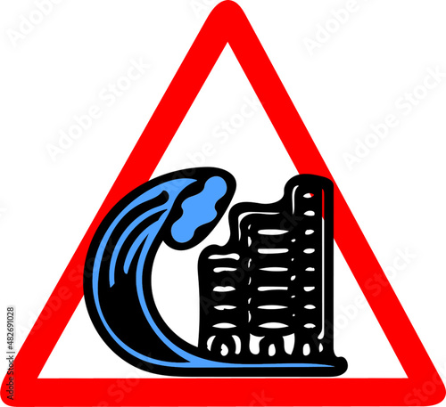Tsunami warning, flooding, city life, earthquake, crust, richer, earth, shaking, warning, confusion red road sign transparent vector