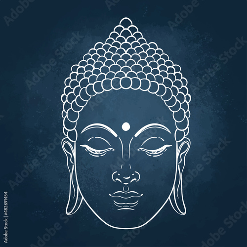 Sitting Buddha. Vector illustration over the blackboard background.