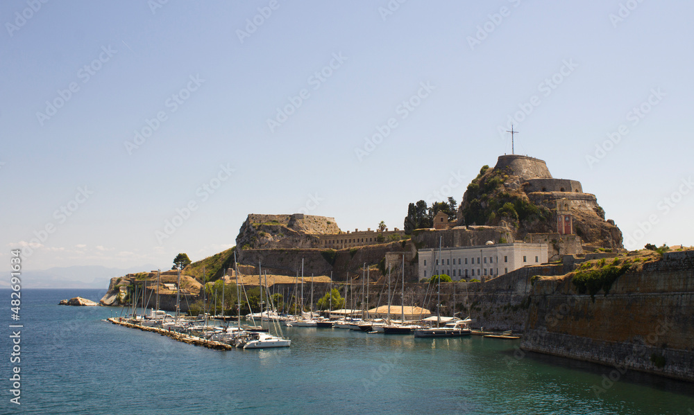 Close-up on old fortress on the summer day. Kerkyra. Corfu. Greece.