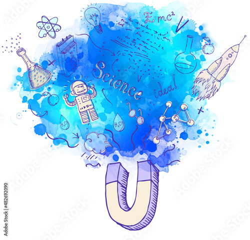 Back to School: science lab objects with magnet, educational concept, vector illustration isolated on beige.