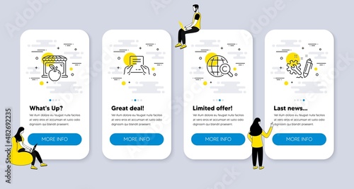 Vector Set of Business icons related to International Ð¡opyright, Receive file and Market icons. UI phone app screens with people. Engineering line symbols. Vector