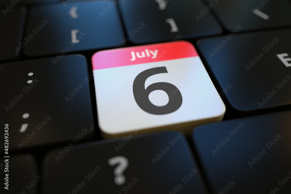 July 6 on a keyboard key, 3d rendering
