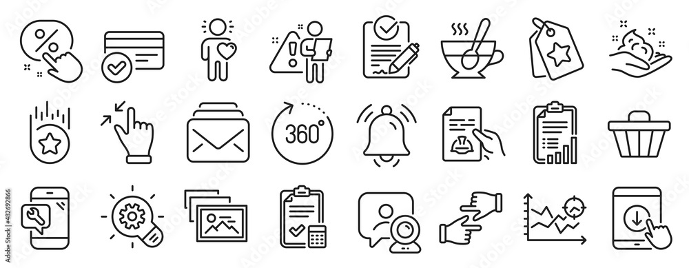 Set of Business icons, such as Seo analysis, Touchscreen gesture, Click hands icons. 360 degrees, Phone repair, Technical documentation signs. Notification bell, Payment methods, Skin care. Vector