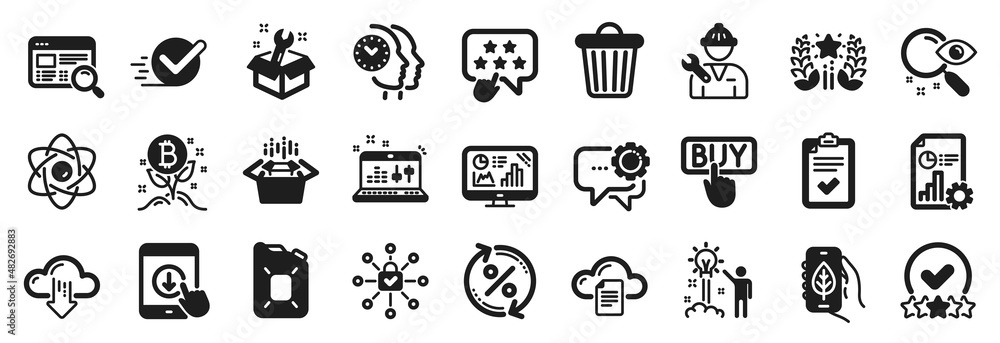 Set of Technology icons, such as Spanner, Report, Checkbox icons. Ecology app, Atom core, Security lock signs. Sound check, Website search, Canister oil. Analytics graph, Ranking, Buying. Vector