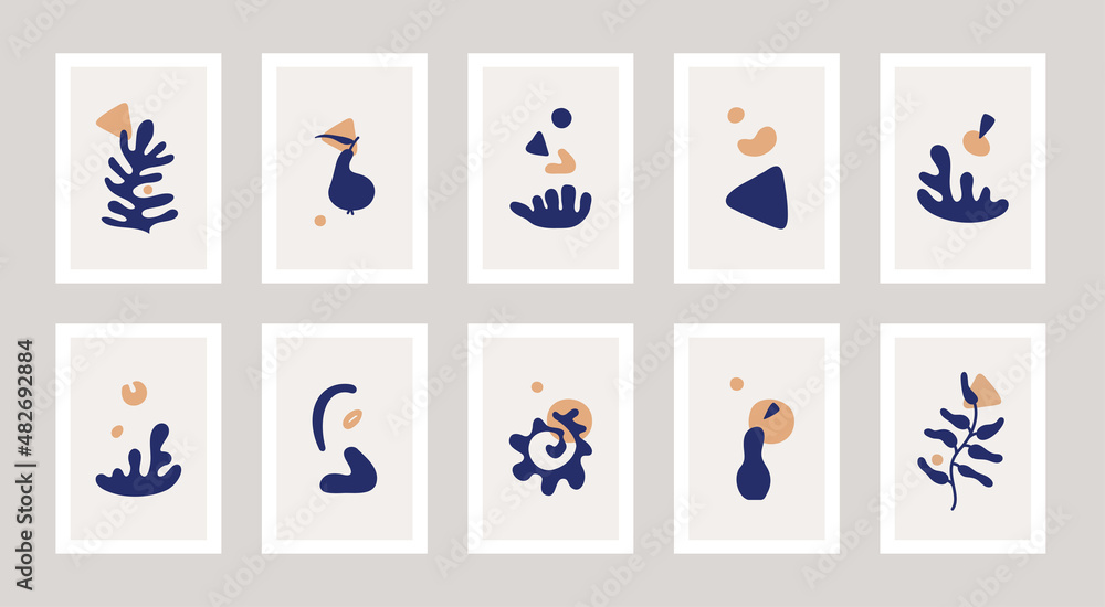 Set of ten abstract posters drawing in Henry Matisse style. Nature shapes, corals in blue and yellow color. Set of ten abstract posters drawing in Henry Matisse style. Nature shapes, corals in blue and yellow color.