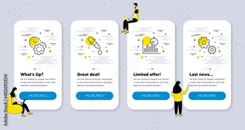 Vector Set of Science icons related to Time management, Chemistry pipette and Report timer icons. UI phone app screens with people. Work line symbols. Settings, Laboratory, Growth chart. Vector