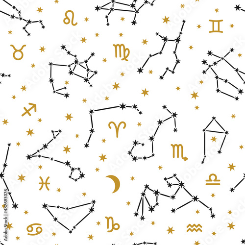 Seamless pattern with zodiacal constellations and signs. You can use for design wallpapers, on textile, fabric, packaging, wrapping paper. Vector illustration.