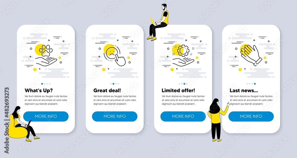 Vector Set of People icons related to Employee hand, Pets care and Dislike icons. UI phone app screens with people. Clapping hands line symbols. Work gear, Shelter, Negative feedback. Clap. Vector Vector Set of People icons related to Employee hand, Pets care and Dislike icons. UI phone app screens with people. Clapping hands line symbols. Work gear, Shelter, Negative feedback. Clap. Vector