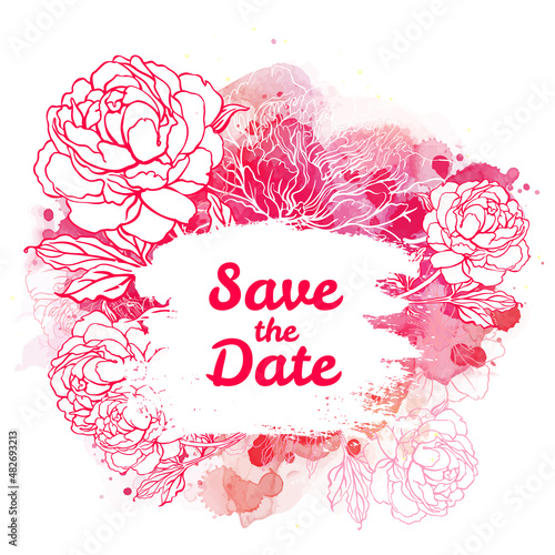 Beautiful peony bouquet design on beige background. Hand drawn vector illustr...