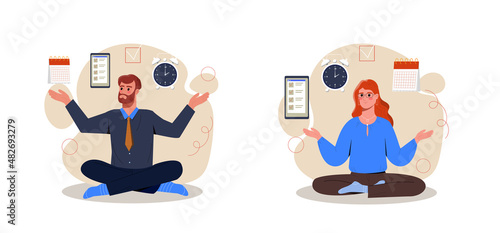 Self discipline or self control. Set of man and woman sit in lotus position, manage time and complete work. Achieving success in business. Cartoon flat vector collection isolated on white background