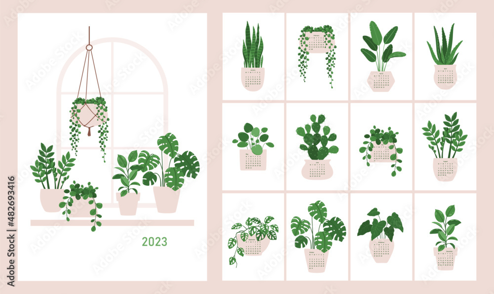 Vector calendar 2023 with cover and illustrations of houseplants in pots. - obrazy, fototapety, plakaty 
