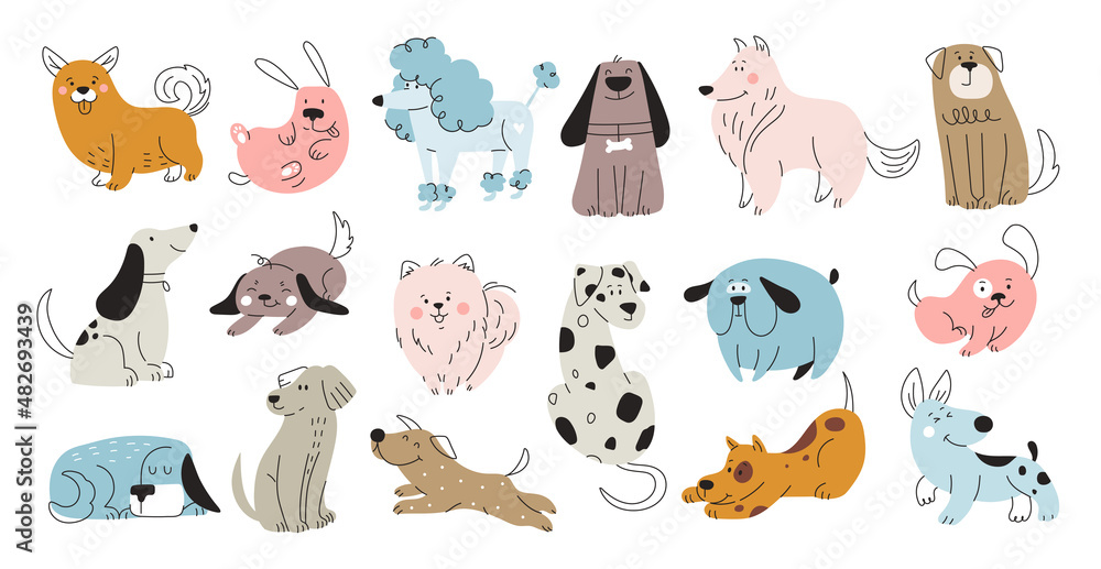 Fototapeta premium Set of different doodle dogs. Colorful bunch of stickers with cute fluffy puppies in different poses. Funny animals with smiling faces. Cartoon flat vector collection isolated on white background