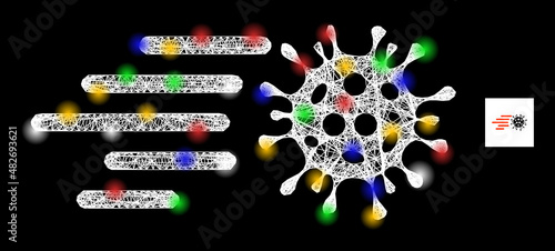 Glare hatched mesh rush virus with multicolored bright dots. Illuminated vector mesh created from rush virus pictogram. Sparkle carcass mesh rush virus, on a black backgound.