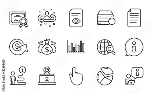 Education icons set. Included icon as Check investment, Hand click, Bar diagram signs. View document, Video conference, Pie chart symbols. International Ð¡opyright, File, Recovery server. Vector