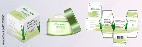 Design of the cosmetic packaging template. Cut. An open cosmetic cream mask with aloe vera with a closed box. Realistic 3D model.