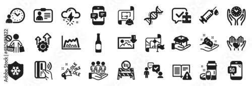 Set of Business icons, such as Time management, Chemistry dna, Eu close borders icons. Seo gear, Beer, Trade chart signs. Safe time, Skin care, Hold heart. Id card, Engineering plan. Vector