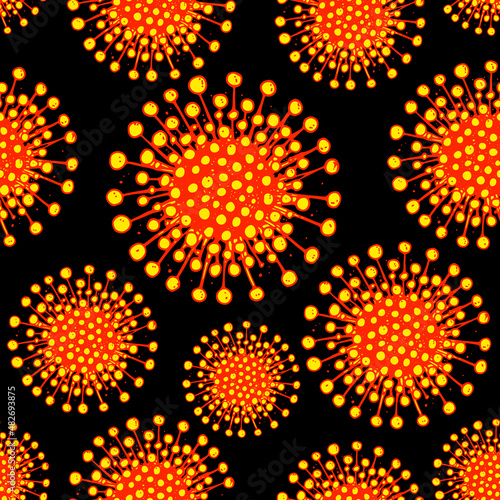 Coronavirus COVID-19 seamless pattern. Biology organisms background in vintage engraved style. Respiratory virus infection illustration. Hand drawn corona virus illustration
