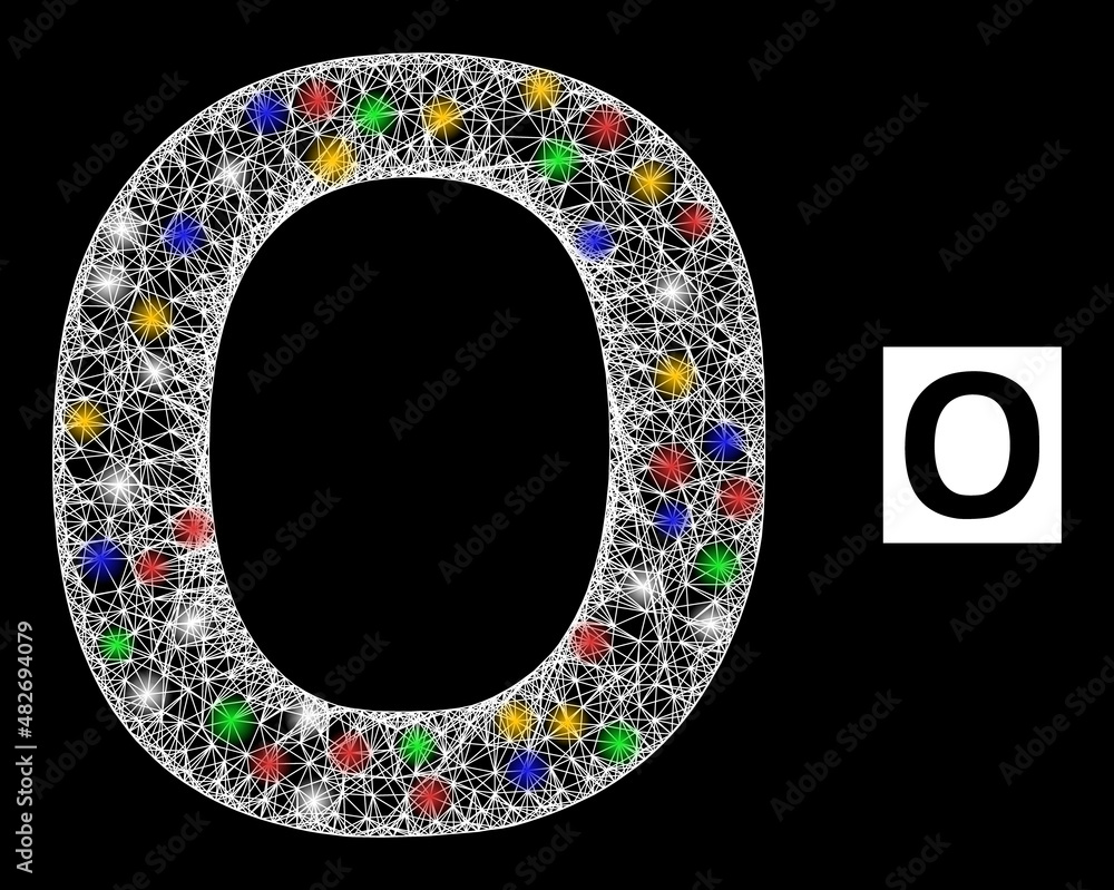 Glowing net Omicron Greek symbol with colorful light dots. Illuminated vector frame created from Omicron Greek symbol pictogram. Sparkle frame mesh Omicron Greek symbol, on a black backgound. Glowing net Omicron Greek symbol with colorful light dots. Illuminated vector frame created from Omicron Greek symbol pictogram. Sparkle frame mesh Omicron Greek symbol, on a black backgound.