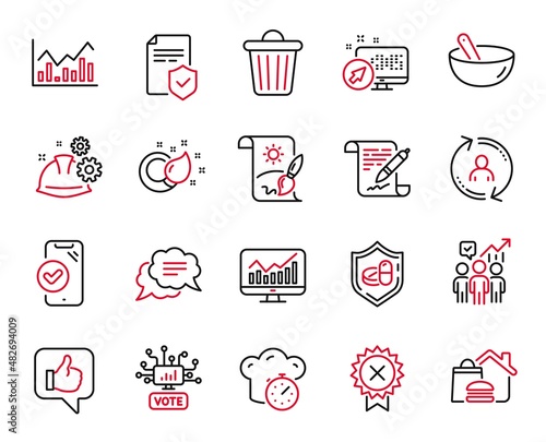 Vector Set of Business icons related to Online voting, User info and Food delivery icons. Working process, Like and Medical tablet signs. Insurance policy, Paint brush and Reject medal. Vector