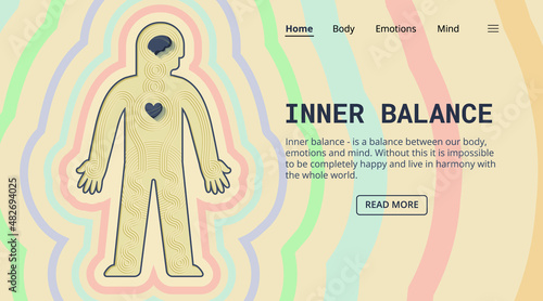 Inner balance represented as a zen garden in the shape of a human body. Heart and brain-shaped rocks are placed into sand raked in circles. Harmony of emotions, mind, and body.