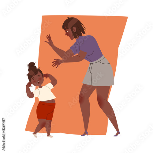 Mother scolding her daughter. Girl covering her ears with her hands. Family communication concept vector illustration