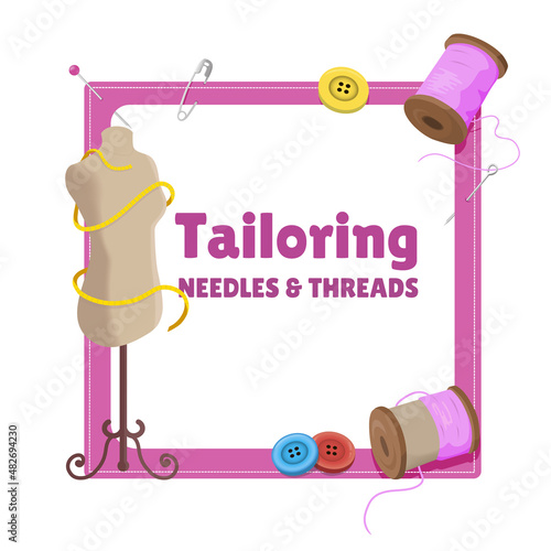 A frame with sewing and knitting accessories manual drawing cartoon style on white background