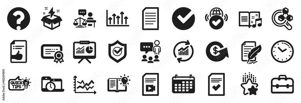 Set of Education icons, such as Creative idea, Ranking stars, Growth chart icons. Checked file, Verify, Question mark signs. Diagram chart, Presentation, Time management. Verified internet. Vector