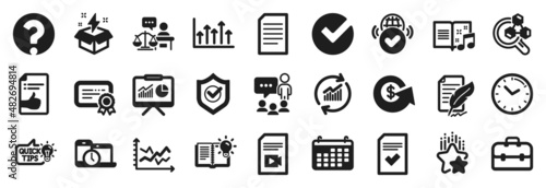 Set of Education icons, such as Creative idea, Ranking stars, Growth chart icons. Checked file, Verify, Question mark signs. Diagram chart, Presentation, Time management. Verified internet. Vector