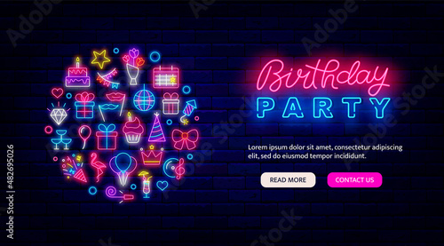 Birthday party neon landing page template with bright icons. Circle layout with text. Greeting card. Vector illustration