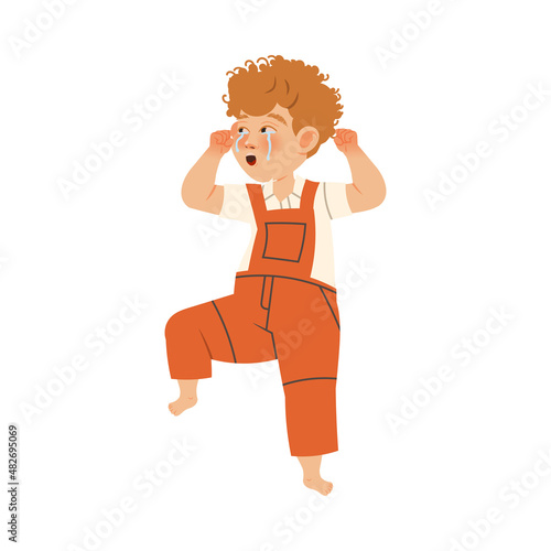 Stressed little boy covering his ears to stop hearing quarrel vector illustration