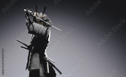 3D illustration of a samurai wearing Japanese armor and holding a sword. photo