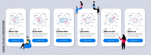 Technology icons set. UI phone app screens with teamwork. Included icon as Ab testing, Technical documentation, Target purpose signs. Mute sound, Organic product, Star line icons. Vector