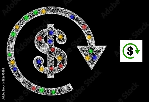 Bright crossing mesh dollar repay with colored lightspots. Illuminated vector model created from dollar repay symbol. Sparkle carcass mesh dollar repay, on a black backgound.