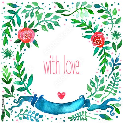 Boho style wedding invitation template. Watercolor illustration.