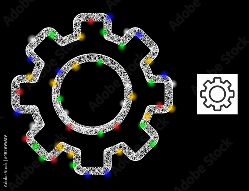 Glare net contour gear with vibrant glowing spots. Illuminated vector carcass created from contour gear icon. Sparkle carcass polygonal contour gear, on a black backgound.