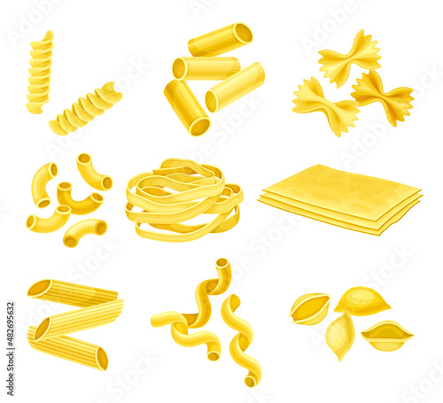 Pasta various types set. Rigatoni, maccheroni, farfalle, cavatappi, tagliatelle, penne, cellentani, conchiglie. Italian restaurant menu design vector illustration